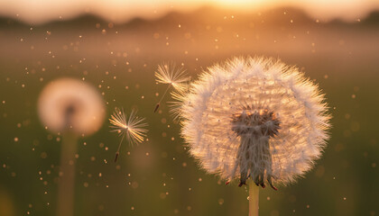 Dandelion seeds blowing in wind with pollen particles and sunset light