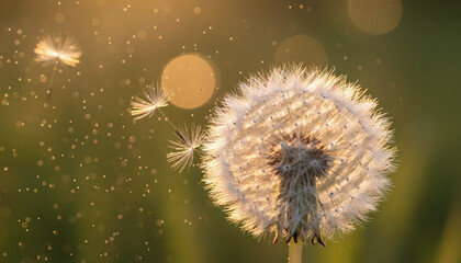 Dandelion seeds blowing in wind with pollen particles and sunset light
