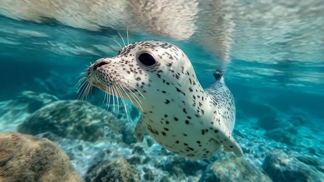 Seal swimming underwater with rocks and clear blue water around it looking at camera