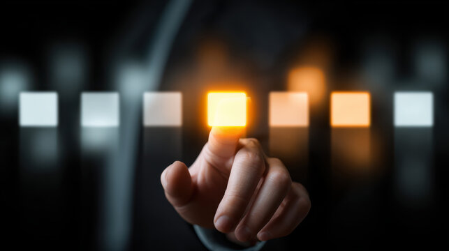 Hand choosing option glowing square business choice decision making technology interface finger touch selection concept innovation focus digital
