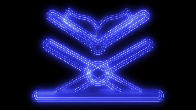 Glowing blue neon animation of an open book on a traditional Islamic rehal stand on a black background, Quran, Islamic education, Ramadan celebration, or spiritual study