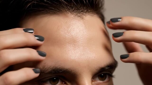 Man tapping forehead for blood flow with charcoal nails