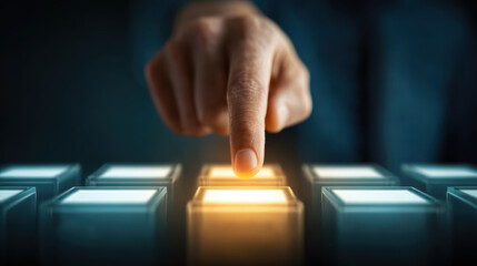 Finger button choice decision selection option technology glow hand pressing glowing button for choice and decision concept dark blurred background