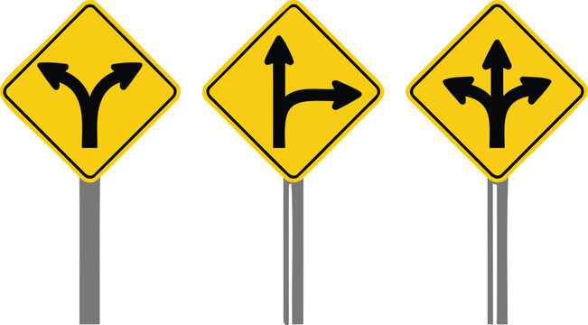 Three yellow road signs with black arrows showing direction choices