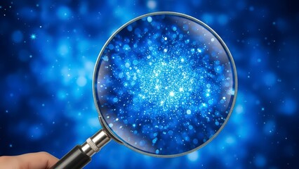 Magnifying glass revealing sparkling blue particles on a vibrant background