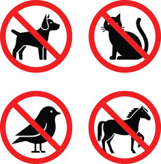 Animals prohibited icon set showing banned dog cat bird and horse symbols inside red forbidden circles no animals allowed signage