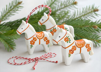 Swedish Dala Horse Ornaments Christmas White Wooden Folk Art dala, horse, swedish, ornament, christmas, decoration, folkart, wooden, white, traditional, scandinavian, holiday, xmas, tree, hanging,