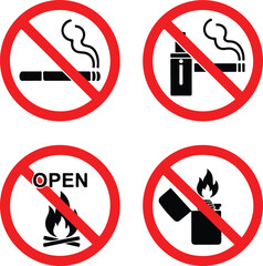 Smoking and fire prohibition icon set showing banned cigarette vaping open flame and lighter symbols inside red forbidden circles safety warning