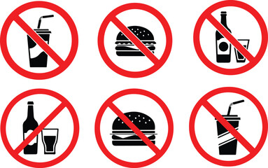 Food and drink prohibition icon set showing banned eating drinking alcohol and fast food symbols inside red forbidden circles hygiene warning