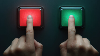 Finger pressing red button green button choice decision risk approval control