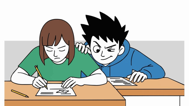 Student cheating on exam looking at classmate paper.