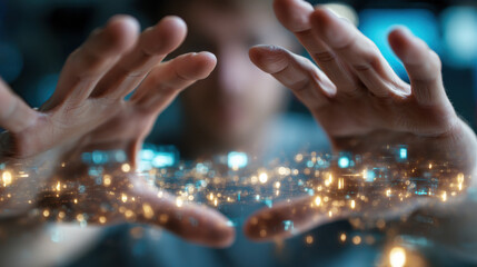 Future technology innovation data hologram hands digital light concept, future technology innovation data hologram hands digital light concept