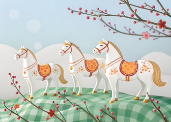 Cute Golden Dala Horse Trio Spring Cherry Blossom Illustration dala, horse, swedish, trio, golden, orange, saddle, floral, pattern, spring, cherryblossom, illustration, cute, kawaii, chibi,