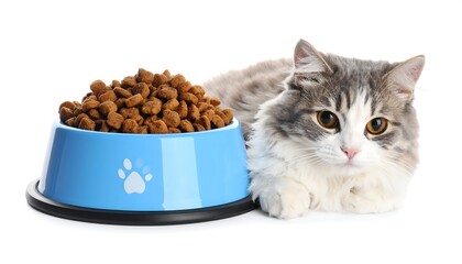 Adorable cat with a bowl of dry food on white background.