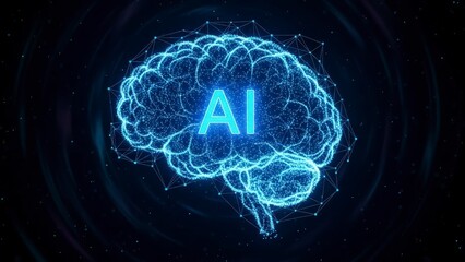 Futuristic AI brain with glowing blue neural networks and connections