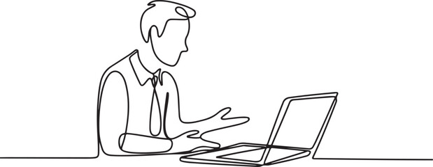 Continuous one line drawing Customer service is constantly meeting with costumer by laptop.one line vector illustration with out background
