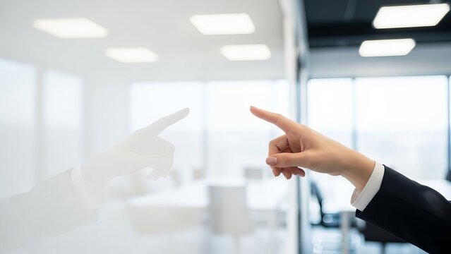 Woman hand pointing with index finger on clear glass board at office. Technology concept and digital interface design element. - Powered by Adobe