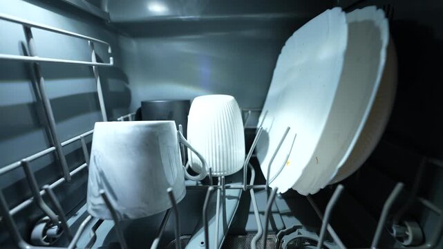 Inside view of dishwasher with mugs, cups, and plates arranged on metal rack. Soft internal light highlights textures. Dark background, focused on dishware and structure.