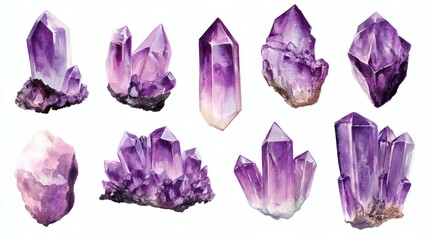 Fototapeta premium Watercolor illustration of various amethyst crystal formations in raw and clustered forms. A detailed and artistic depiction of the deep purple gemstone with natural textures and earthy tones
