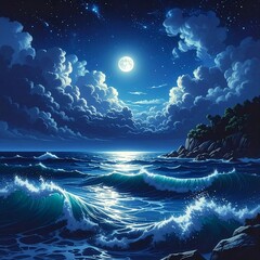 Moonlit Ocean Waves - A Serene Nightscape Painting.