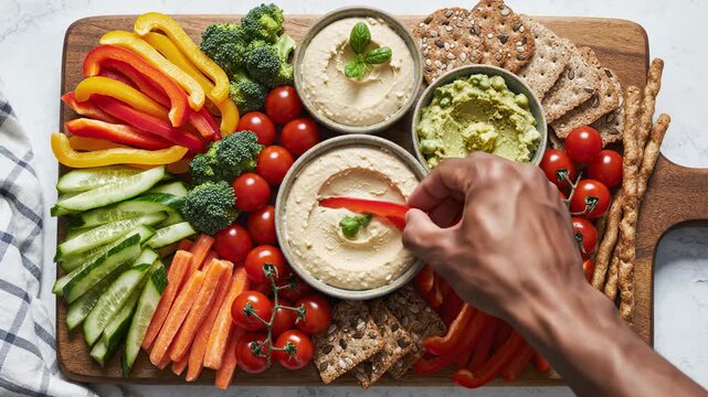 Vibrant healthy veggie platter flat lay with hummus and guacamole  