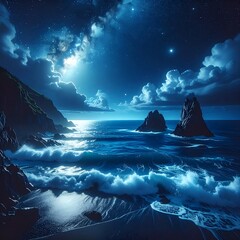 Moonlit Ocean Waves Crashing on Shore at Night.