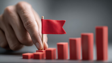 Hand placing success marker flag on red bar chart growth, financial progress and business achievement concept