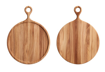 Two round wooden cutting boards, top view.  Each board features a simple, circular shape with a light-brown, wood grain.  A small, circular handle is attached to each board's top edge. 
