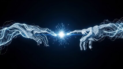 Sparkling digital hands connect in a futuristic network of light and energy