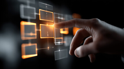 Technology innovation business hand touch interface strategy planning glows finger gently selects digital options in dark modern environment