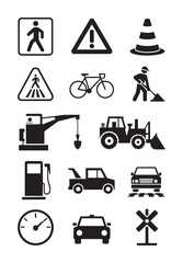 Fototapeta premium Black and white road construction and traffic signs vehicles