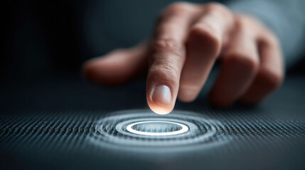 Finger touch screen technology, digital touch circle interface control, modern innovation concept, closeup hand tap glow feedback