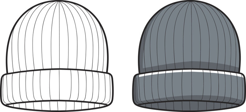 Beanie hat technical vector sketch, winter headwear fashion template, knit cap flat illustration for apparel design