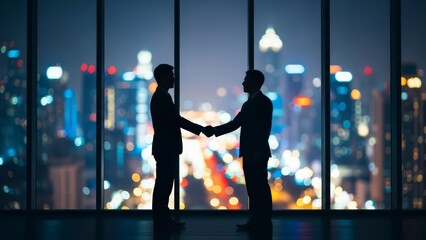 Two businessmen shaking hands in modern office with city skyline view