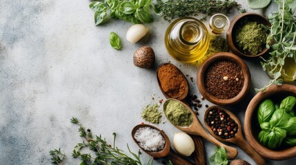 Fresh Herbs and Spices in Wooden Bowls with Olive Oil and Seasoning Ingredients on Rustic Table Surface for Culinary Enthusiasts and Foodies