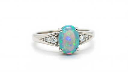 Elegant Silver Ring Adorned with a Vibrant Oval Opal Gemstone and Sparkling Accent Diamonds on a Pristine White Background