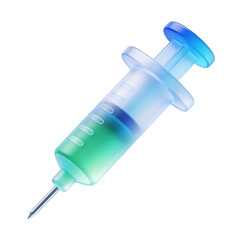 Glossy plastic syringe with liquid, rendered as clean 3d medical icon and isolated on transparent background. Vaccination and injection symbol for healthcare apps, medical infographics, dashboards