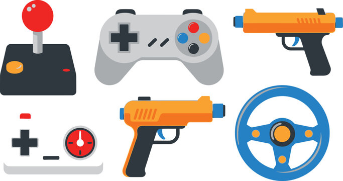 Flat design set of 6 retro gaming controllers joystick gamepad light gun paddle controller and steering wheel