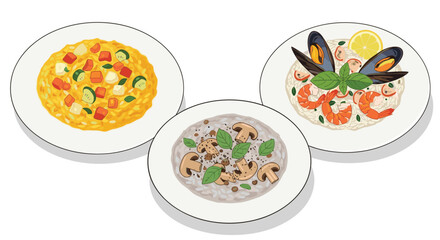 Three plates of appetizing italian risotto with different toppings including garden vegetables, earthy mushrooms, and seafood with mussels.