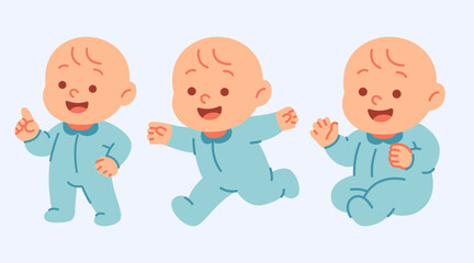 Adorable Babies Illustrating Playful Actions In Blue Outfits