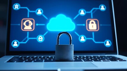 Cyber security concept with a digital padlock on a laptop keyboard and cloud network graphic on screen. - Powered by Adobe