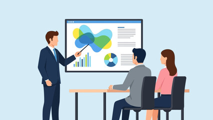 Business professionals engage in a dynamic presentation, analyzing data and strategic insights on a large digital screen to drive growth and inform project decisions in a corporate meeting setting