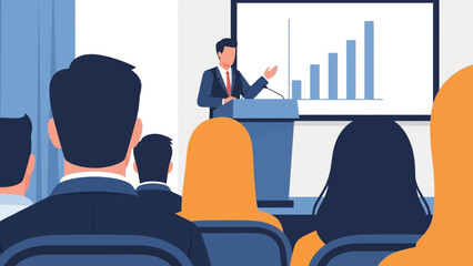 Professional speaker engages an attentive audience with a dynamic business presentation, displaying growth statistics on a large screen during a corporate conference
