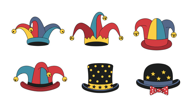 Colorful set of six different jester and magician hats with various designs including polka dots, stars, bells, and multi-colored points.