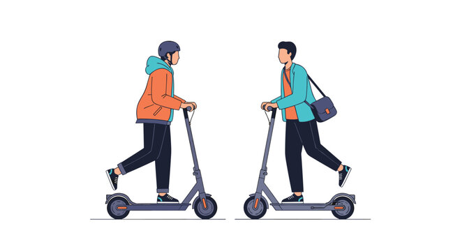 Two young people riding electric scooters in opposite directions with one wearing a helmet and the other a shoulder bag in a flat style.