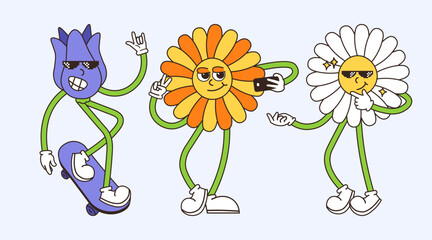 Cool Flowers Enjoying Fun Activities Retro Cartoon Style