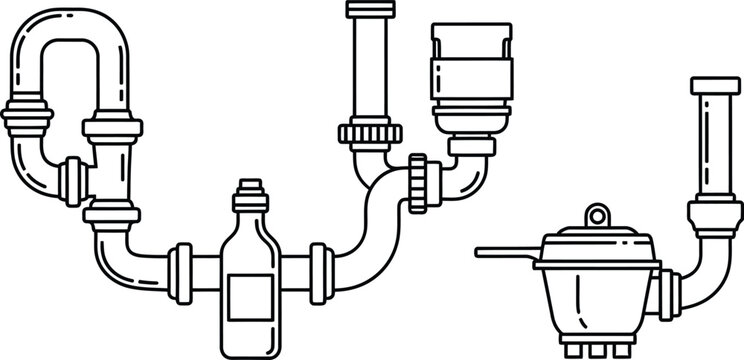 Line art vector set of 4 plumbing trap types p-trap s-trap bottle trap and grease trap sanitary pipes