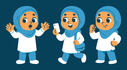 Three Muslim Girls Illustrate Different Activities And