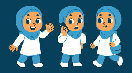 Little Muslim Girl In Hijab Daily Activities Vector