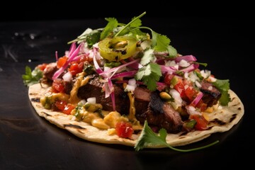Delicious mexican street food taco with grilled steak, fresh salsa, and cilantro